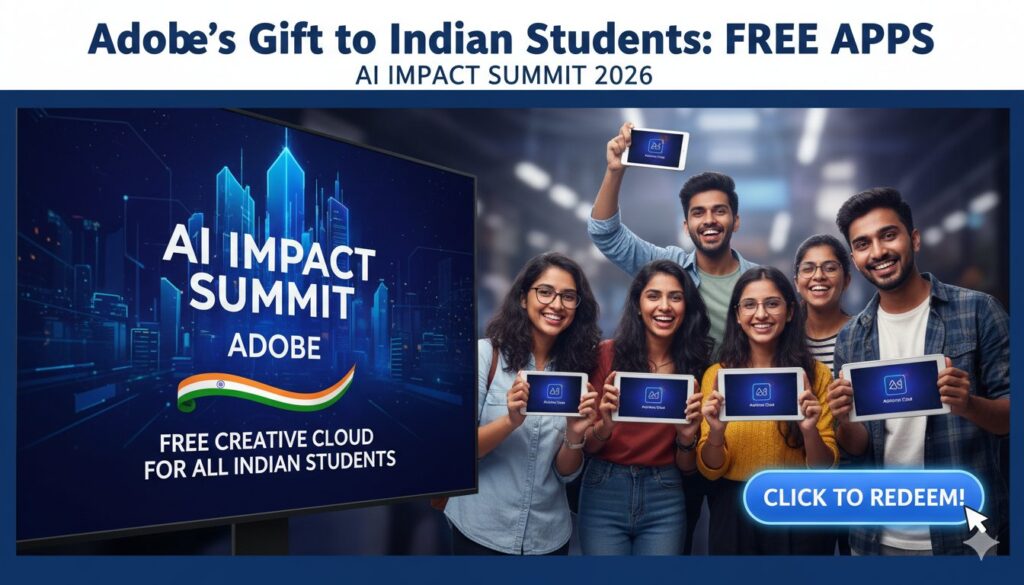 Adobe Firefly, Photoshop और Acrobat ऐप्स का लोगो भारतीय छात्रों के लिए फ्री एक्सेस के साथ, AI Impact Summit 2026 बैकग्राउंड में