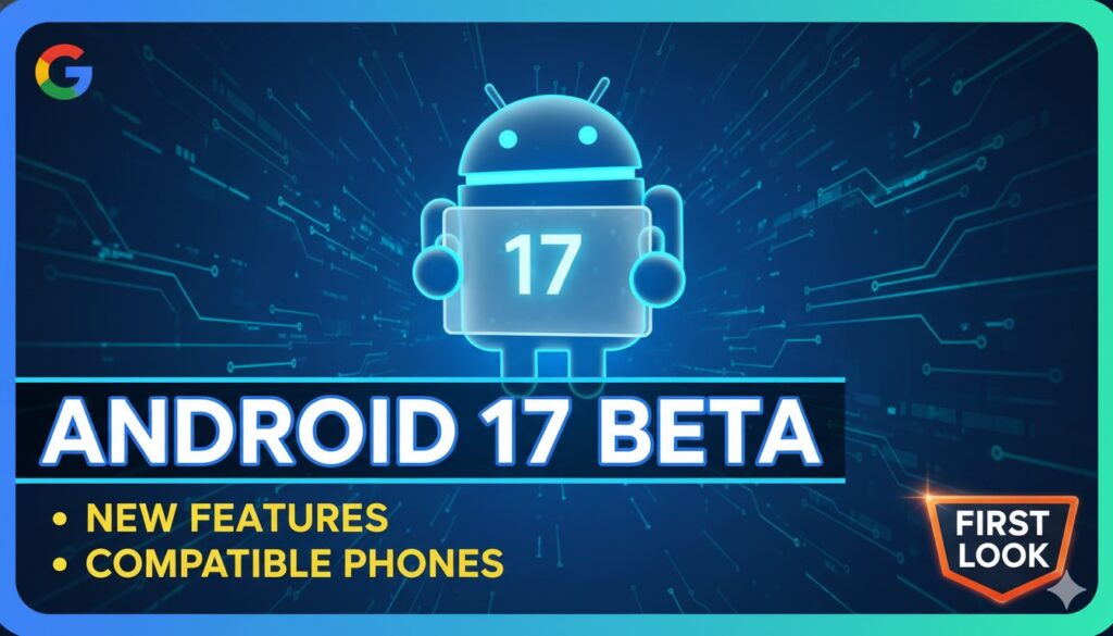 Google Android 17 Beta 1 अपडेट का लोगो Pixel फोन स्क्रीन पर दिखाते हुए