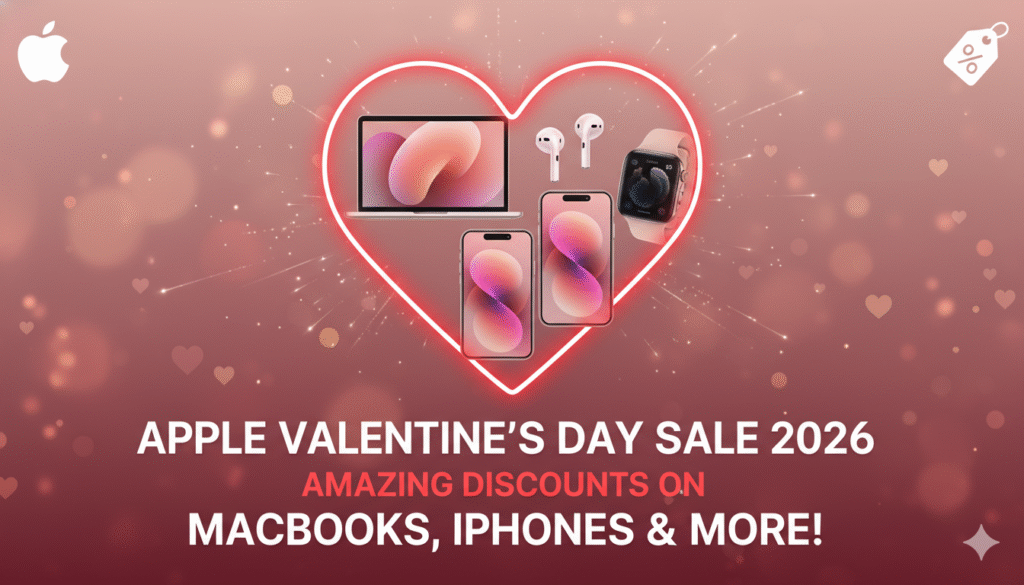 Apple प्रोडक्ट्स पर वैलेंटाइन्स डे सेल 2026 में डिस्काउंट दिखाते हुए इमेज।