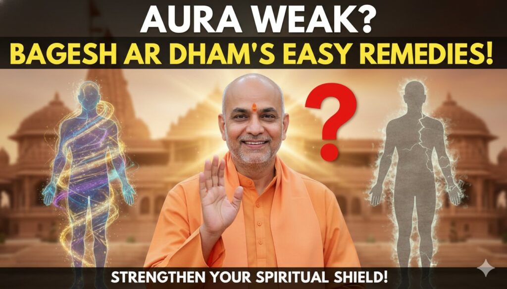 बागेश्वर धाम के पंडित धीरेंद्र शास्त्री जी ध्यान मुद्रा में, आभा मजबूत करने के उपाय दर्शाते हुए आध्यात्मिक छवि