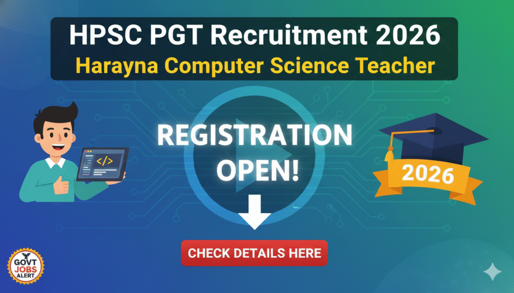 हरियाणा पीजीटी कंप्यूटर साइंस भर्ती 2026 के लिए आवेदन प्रक्रिया दिखाती इमेज, HPSC लोगो के साथ