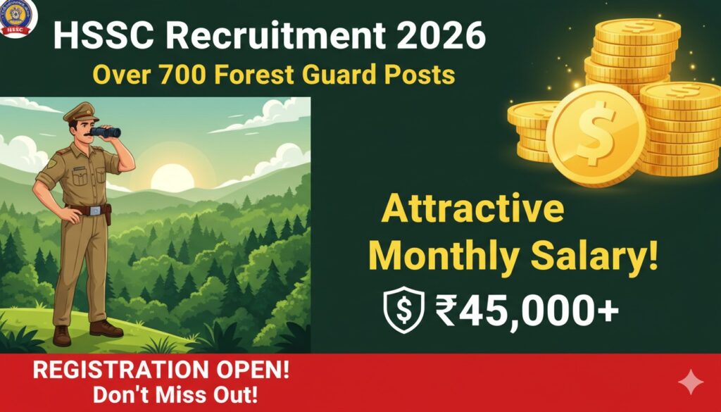 हरियाणा HSSC फॉरेस्ट गार्ड भर्ती 2026 के लिए 779 पदों पर आवेदन शुरू, फॉरेस्ट गार्ड यूनिफॉर्म में अधिकारी जंगल में ड्यूटी करते हुए