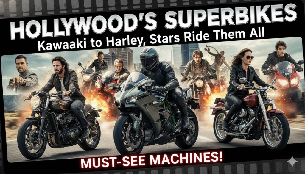 Hollywood stars riding Kawasaki and Harley superbikes in action-packed movie scenes.