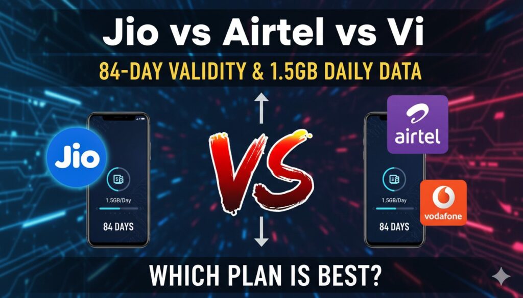 Jio Airtel Vi 84 days 1.5GB daily data plans comparison chart India 2026