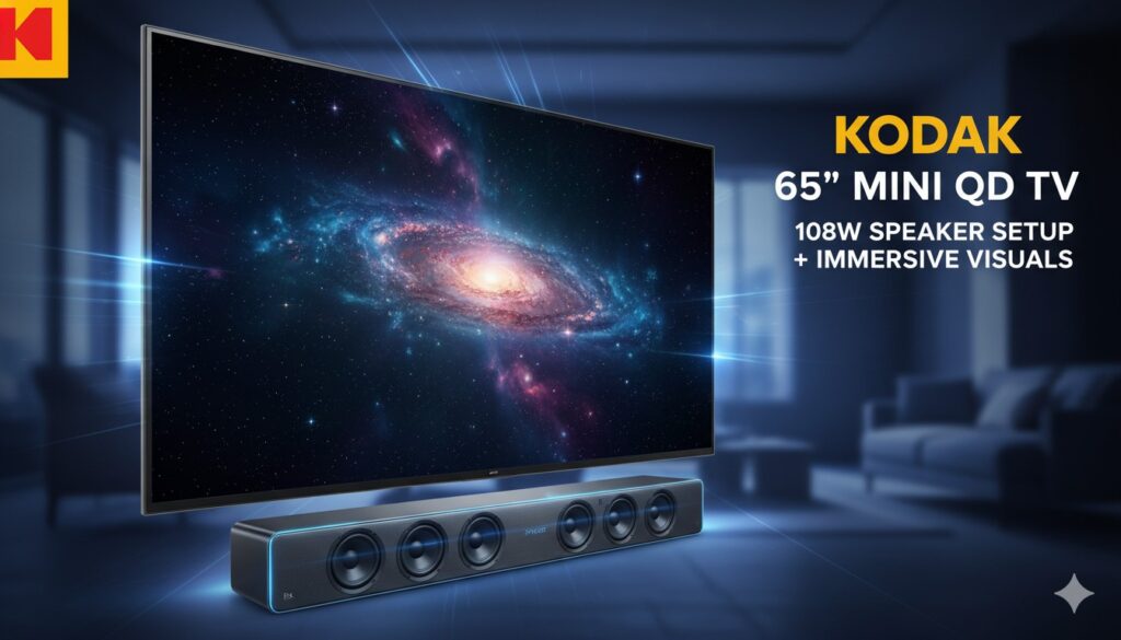 Kodak 65 इंच Mini QD LED 4K स्मार्ट टीवी का फ्रंट व्यू, जिसमें बड़ा स्क्रीन और स्लिम बेजल दिखाई दे रहा है