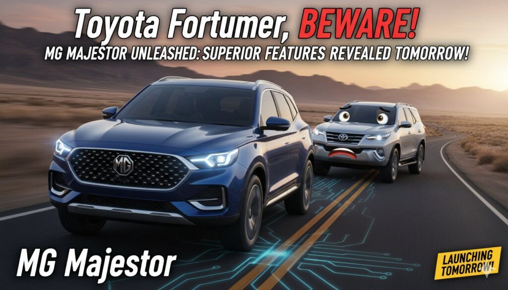 MG Majestor SUV front view with bold grille and LED headlights, upcoming premium 7-seater rival to Toyota Fortuner