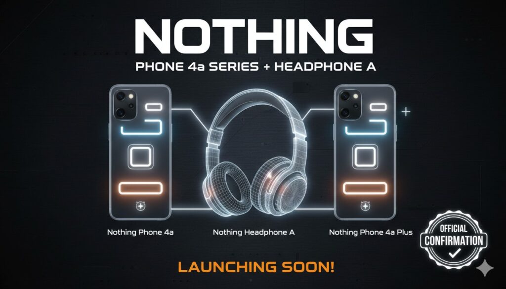 Nothing Phone 4a सीरीज और Nothing Headphone (a) का टीजर इमेज, ट्रांसपेरेंट डिजाइन और येलो हेडफोन दिखाता हुआ