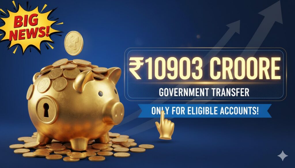 कर्मचारी भविष्य निधि संगठन EPFO के इनऑपरेटिव खातों में जमा 10,903 करोड़ रुपये की ग्राफिक इमेज, जिसमें रुपये के नोट और बैंक ट्रांसफर दिखाए गए हैं