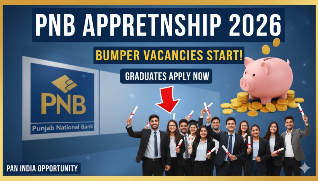पंजाब नेशनल बैंक अप्रेंटिस भर्ती 2026 के लिए 5138 पदों का बैनर, ग्रेजुएट युवा आवेदन कर रहे हैं