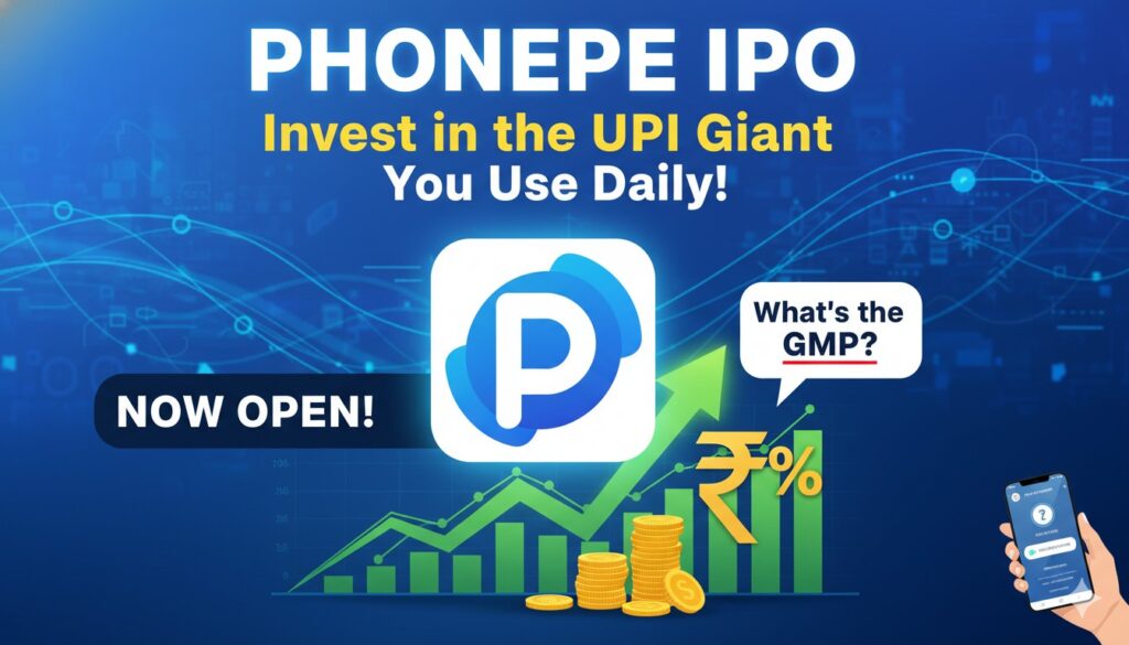 फोनपे ऐप लोगो के साथ आईपीओ स्टॉक मार्केट ग्राफ