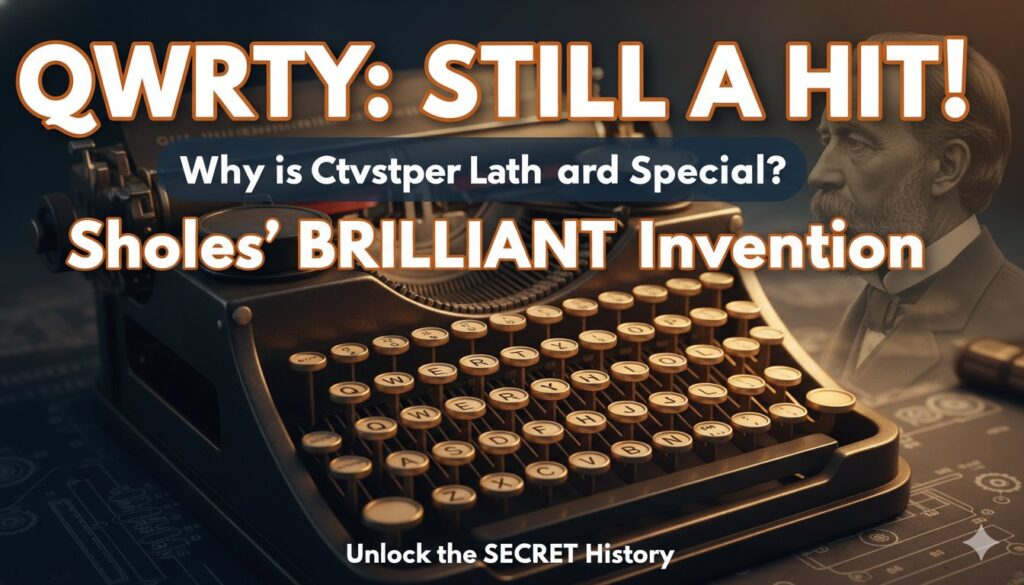 क्रिस्टोफर शोल्स द्वारा आविष्कारित QWERTY कीबोर्ड का क्लोजअप, टाइपराइटर से कंप्यूटर तक की यात्रा दिखाता हुआ