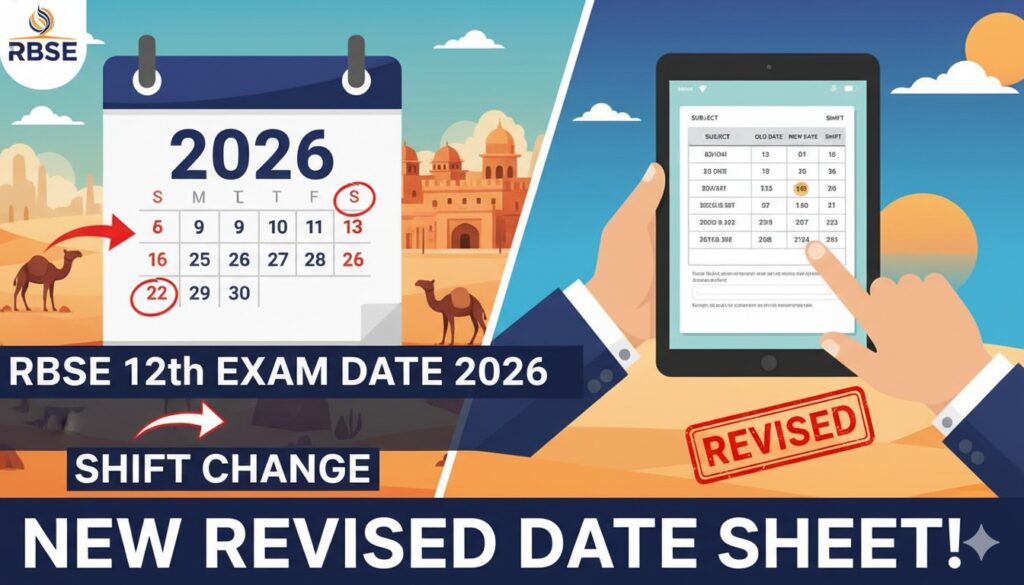 राजस्थान बोर्ड 12वीं परीक्षा की रिवाइज्ड डेटशीट दिखाती हुई इमेज