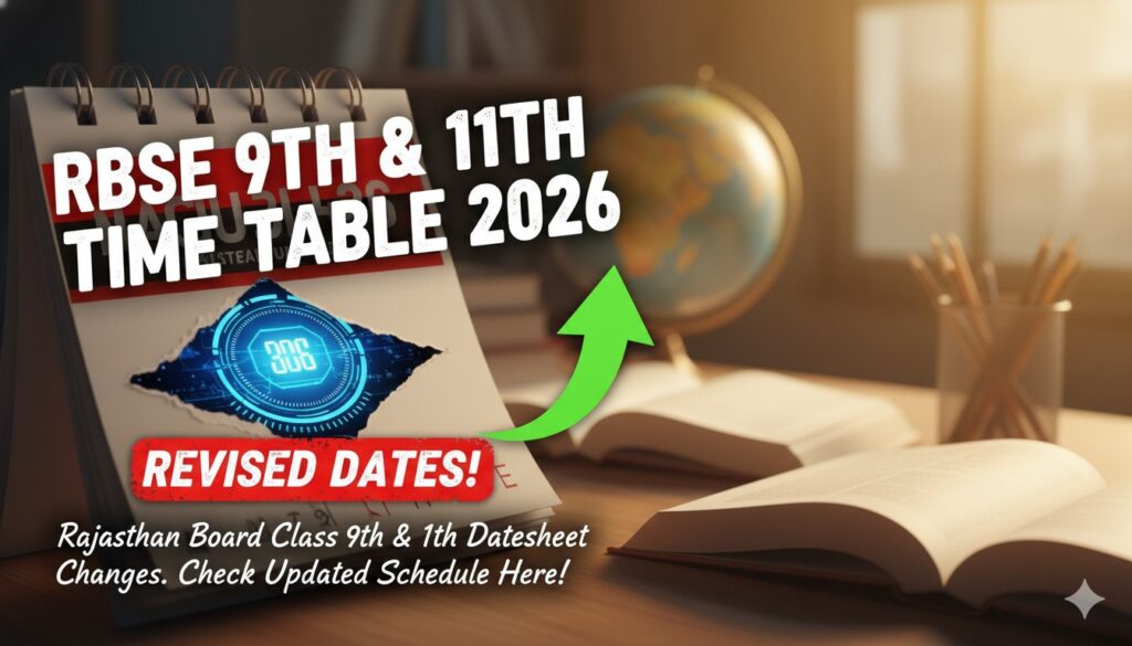 राजस्थान बोर्ड कक्षा 9वीं और 11वीं रिवाइज्ड टाइम टेबल 2026 कैलेंडर के साथ छात्र परीक्षा की तैयारी करते हुए