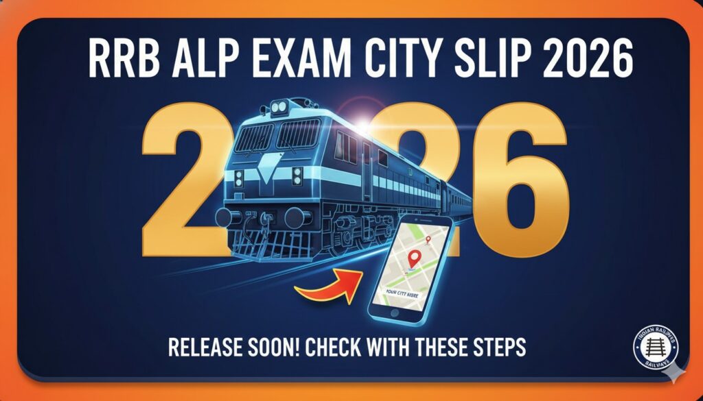 RRB ALP एग्जाम सिटी स्लिप 2026 डाउनलोड प्रक्रिया दिखाती इमेज