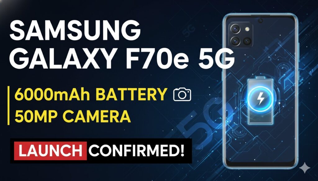 Samsung Galaxy F70e 5G स्मार्टफोन का रेंडर इमेज, जिसमें डुअल कैमरा और बड़ा डिस्प्ले दिख रहा है।