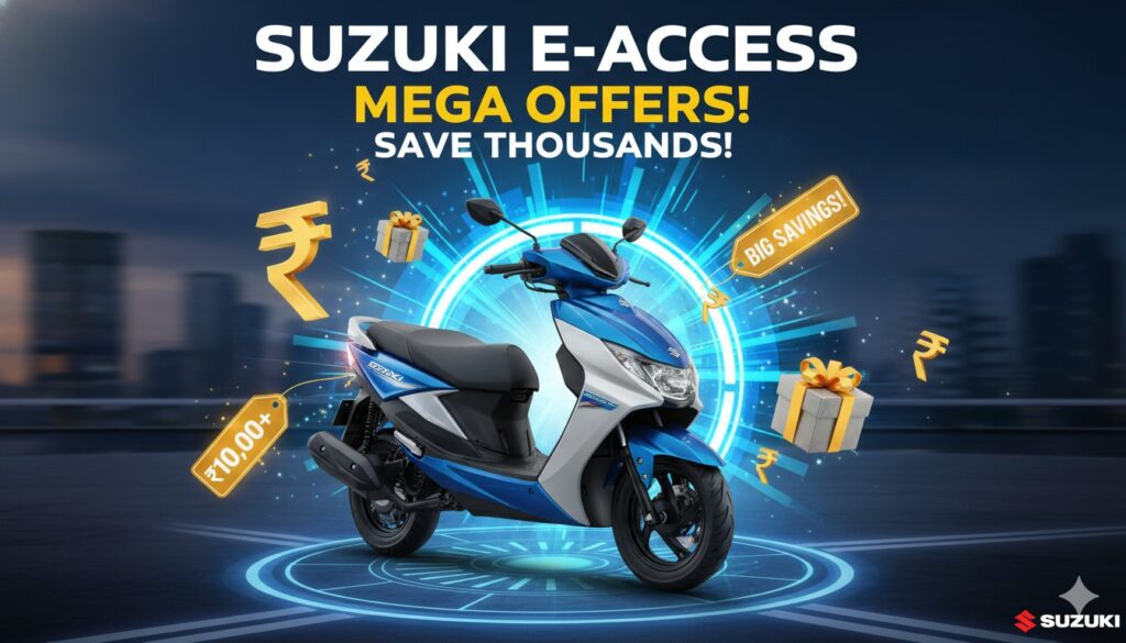 Suzuki e-Access इलेक्ट्रिक स्कूटर पर ₹19,800 तक के ऑफर्स और लाभ दिखाते हुए प्रीमियम ब्लू कलर वेरिएंट