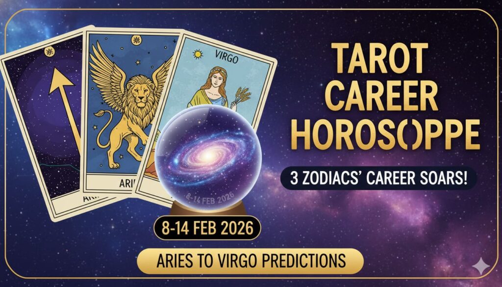 टैरो कार्ड्स के साथ राशि चक्र के प्रतीक, 8-14 फरवरी 2026 राशिफल दर्शाते हुए।