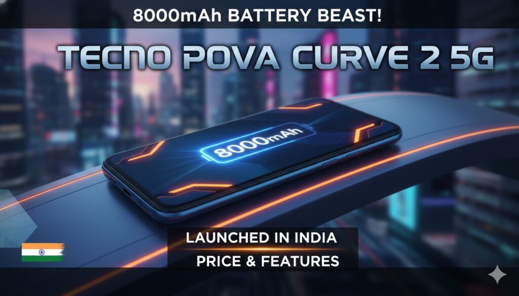 Tecno Pova Curve 2 5G स्मार्टफोन का फ्रंट व्यू दिखाता हुआ, जिसमें कर्व्ड AMOLED डिस्प्ले और Mystic Purple कलर