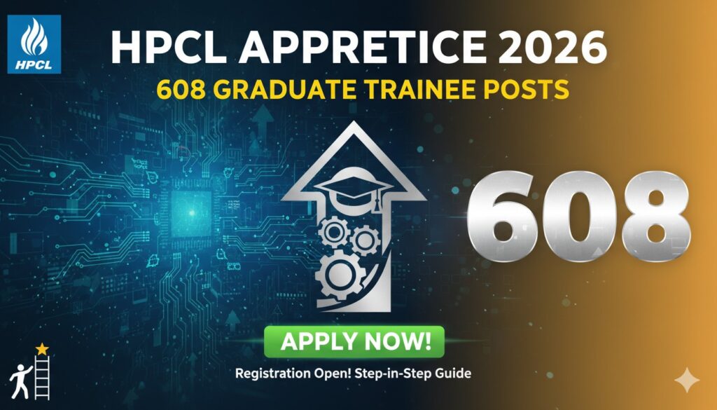 Alt Text for featured image : HPCL Apprentice 2026 भर्ती के लिए 608 ग्रेजुएट अप्रेंटिस पदों का नोटिफिकेशन, ऑनलाइन अप्लाई करने वाले युवा इंजीनियर