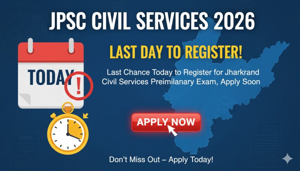 Alt Text for featured image : झारखंड लोक सेवा आयोग JPSC सिविल सेवा भर्ती 2026 के लिए ऑनलाइन आवेदन की प्रक्रिया दिखाती इमेज, जिसमें आवेदन की अंतिम तिथि हाइलाइट है