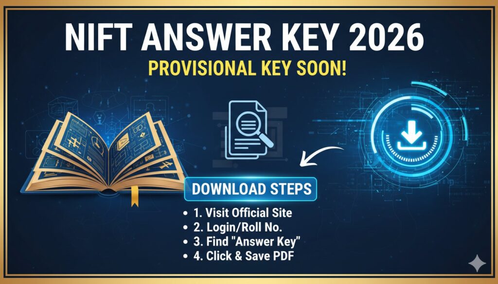 Alt Text for featured image : NIFT 2026 प्रोविजनल आंसर-की डाउनलोड करने का ग्राफिक, NTA लोगो और परीक्षा से संबंधित तत्वों के साथ