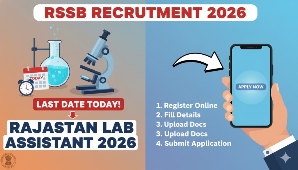 Alt Text for featured image : राजस्थान लैब असिस्टेंट भर्ती 2026 के लिए आवेदन की अंतिम तिथि आज, 804 पदों पर ऑनलाइन रजिस्ट्रेशन