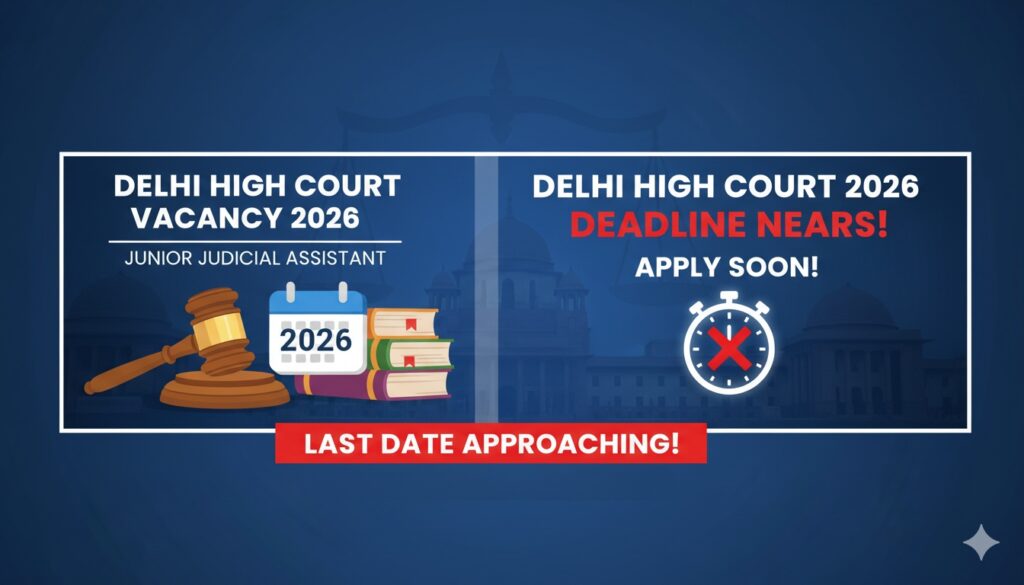 Alt Text for featured image : दिल्ली हाई कोर्ट जूनियर ज्यूडिशियल असिस्टेंट भर्ती 2026 के लिए 152 पदों का बैनर, आवेदन अंतिम तिथि 23 फरवरी