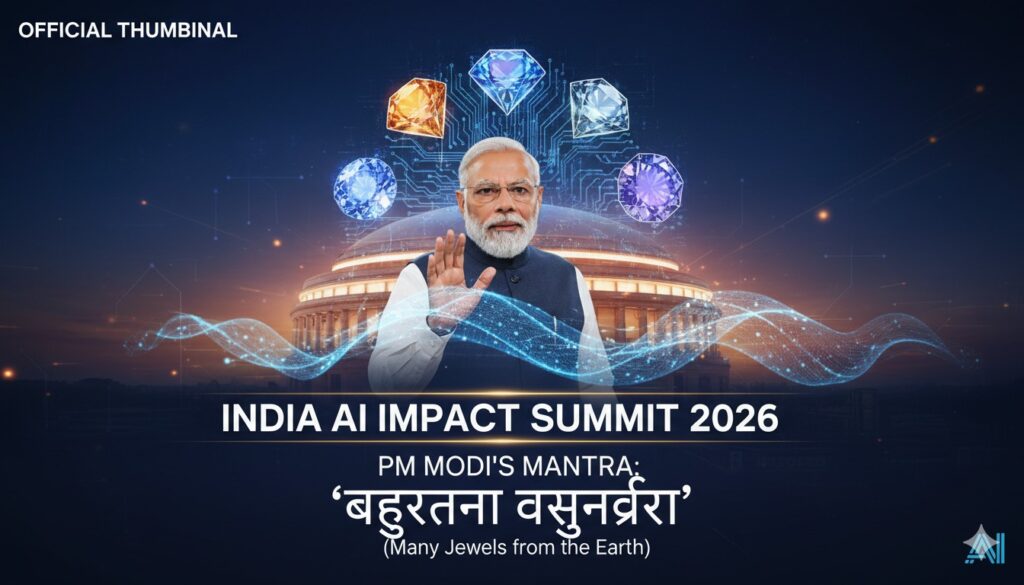 Alt Text for featured image : भारत AI Impact Summit 2026 का उद्घाटन करते प्रधानमंत्री नरेंद्र मोदी, Bharat Mandapam में AI Expo