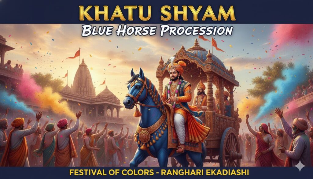 Alt Text for featured image : खाटू श्याम जी की रंगभरी एकादशी रथयात्रा में 125 किलो चांदी के रथ पर सवार नीले घोड़े वाली सवारी के साथ नगर भ्रमण