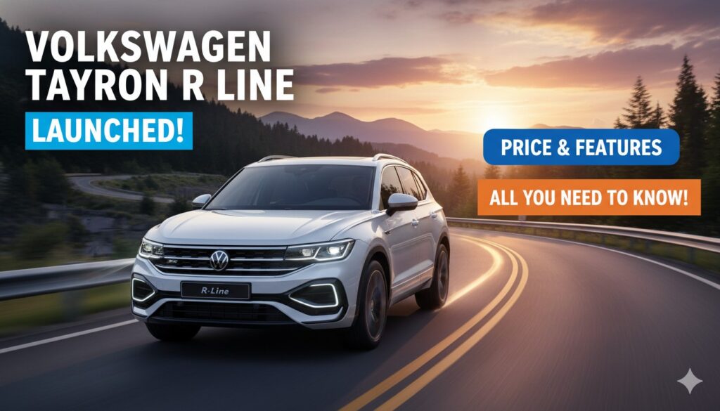 Volkswagen Tayron R-Line प्रीमियम 7-सीटर SUV फ्रंट व्यू में स्पोर्टी R-Line डिजाइन के साथ