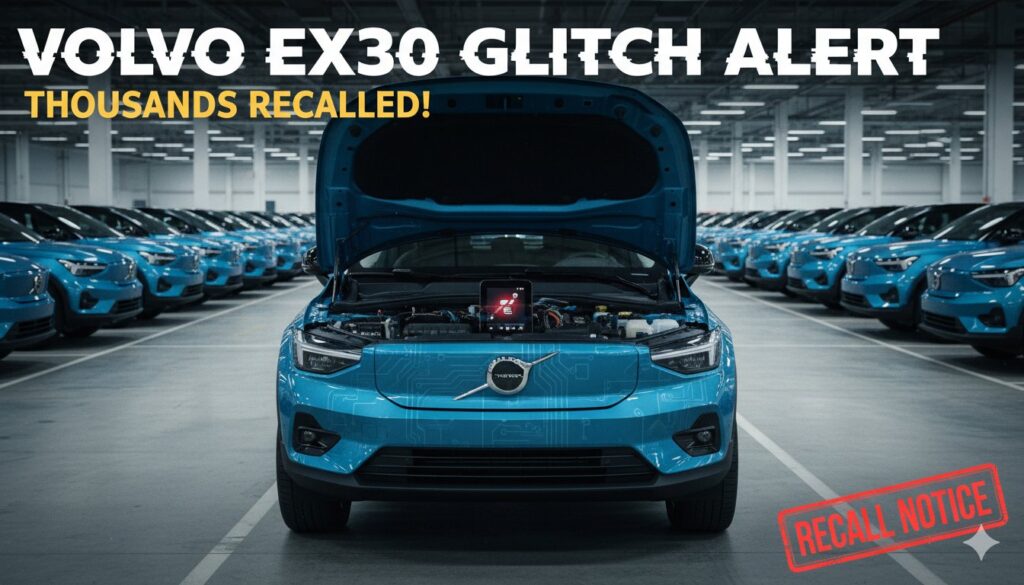 Volvo EX30 इलेक्ट्रिक SUV का फ्रंट व्यू, बैटरी रिकॉल से जुड़ी समस्या दर्शाते हुए