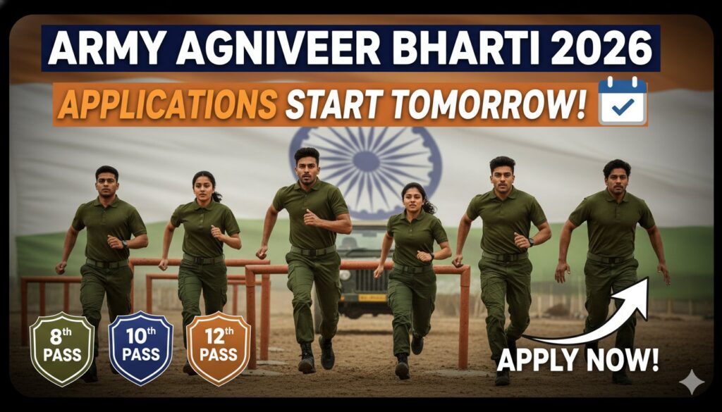 भारतीय सेना अग्निवीर भर्ती 2026 के युवा उम्मीदवार आवेदन फॉर्म भरते हुए और सैनिकों की छवि।