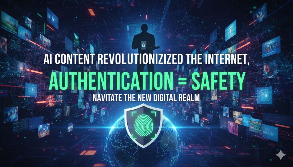 एआई जनरेटेड कंटेंट और डीपफेक डिटेक्शन का ग्राफिक इलस्ट्रेशन, जिसमें AI vs Human कंटेंट की पहचान दिखाई गई है