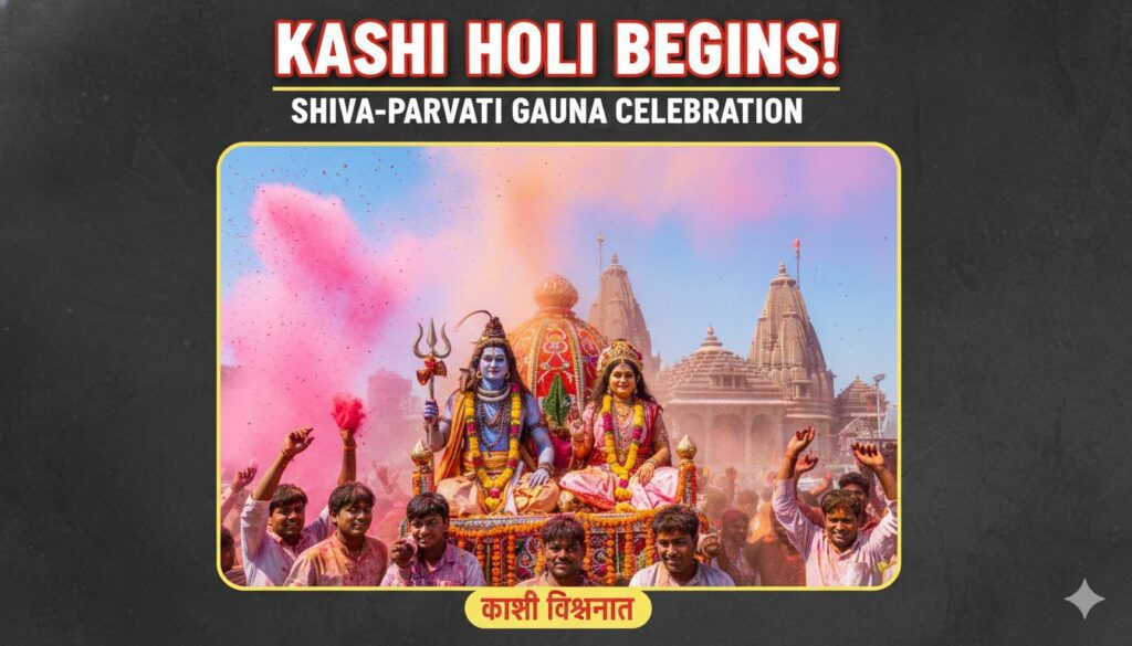 काशी विश्वनाथ मंदिर में रंगभरी एकादशी पर शिव-पार्वती की पालकी यात्रा और गुलाल उड़ाते भक्त