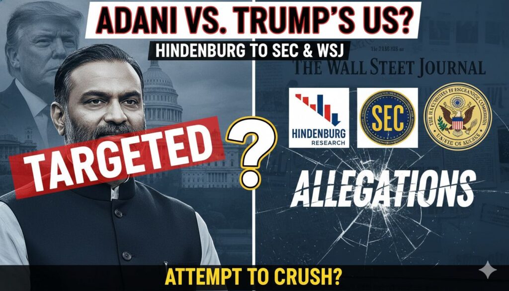 गौतम अदाणी और अदाणी ग्रुप लोगो के साथ अमेरिकी जांच एजेंसियों SEC और DOJ के लोगो, ब्राइबरी आरोपों का ग्राफिक
