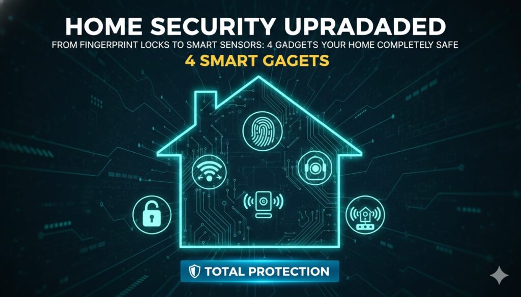स्मार्ट होम सिक्योरिटी गैजेट्स जिसमें फिंगरप्रिंट लॉक, डोरबेल, कैमरा और सेंसर शामिल हैं