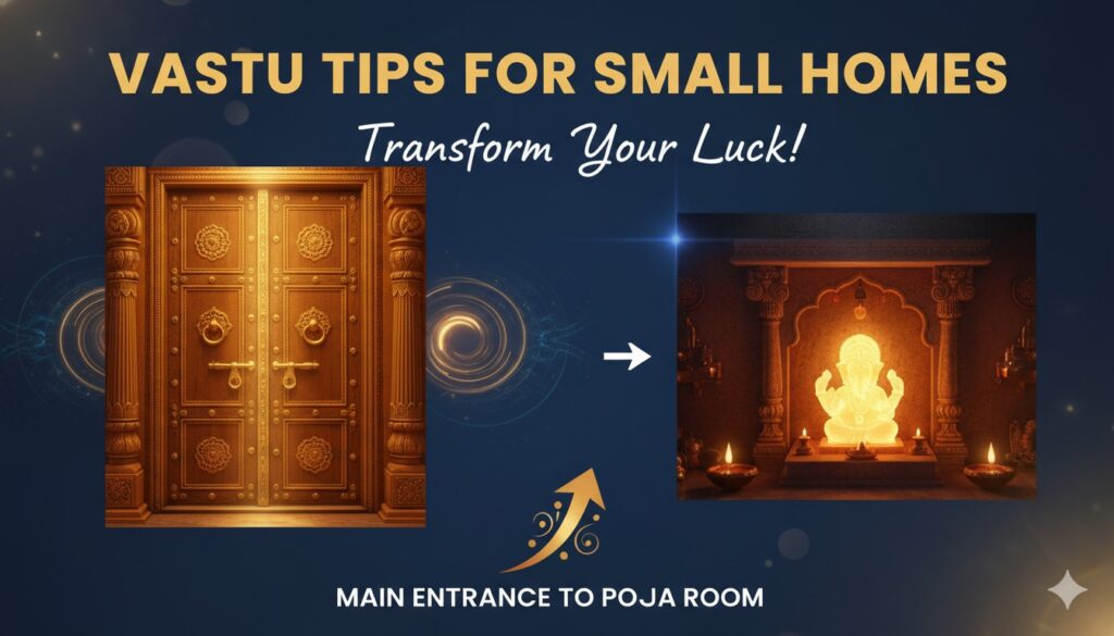 छोटे घर में मुख्य द्वार और पूजा कक्ष का वास्तु अनुरूप सज्जा दिखाता चित्र, सकारात्मक ऊर्जा प्रवाह