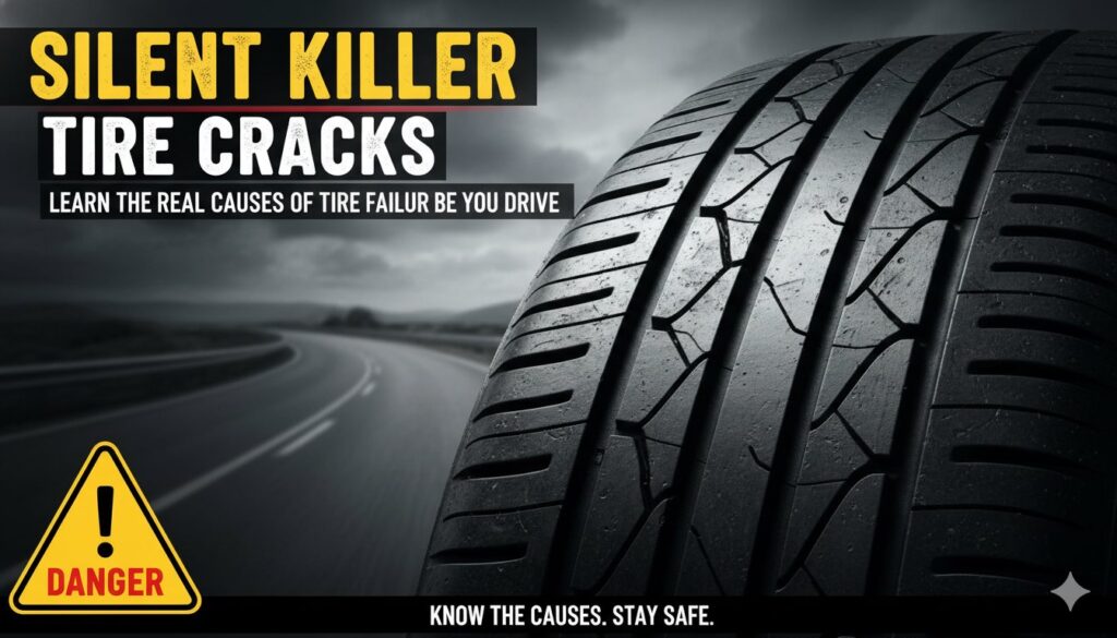 कार टायर की साइडवॉल पर छोटी दरार का क्लोजअप