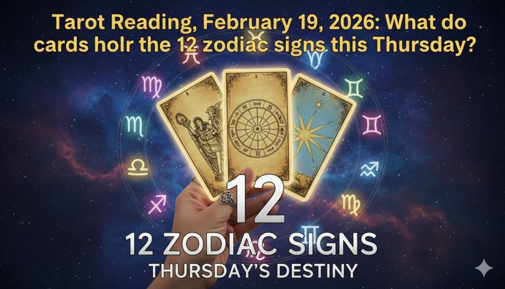 12 राशियों के लिए 19 फरवरी 2026 की टैरो कार्ड रीडिंग दिखाती हुई रंग-बिरंगी टैरो कार्ड्स की इमेज