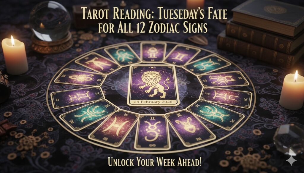 24 फरवरी 2026 की टैरो कार्ड रीडिंग दिखाती हुई रंग-बिरंगी टैरो कार्ड्स और 12 राशियों के प्रतीक वाली इमेज