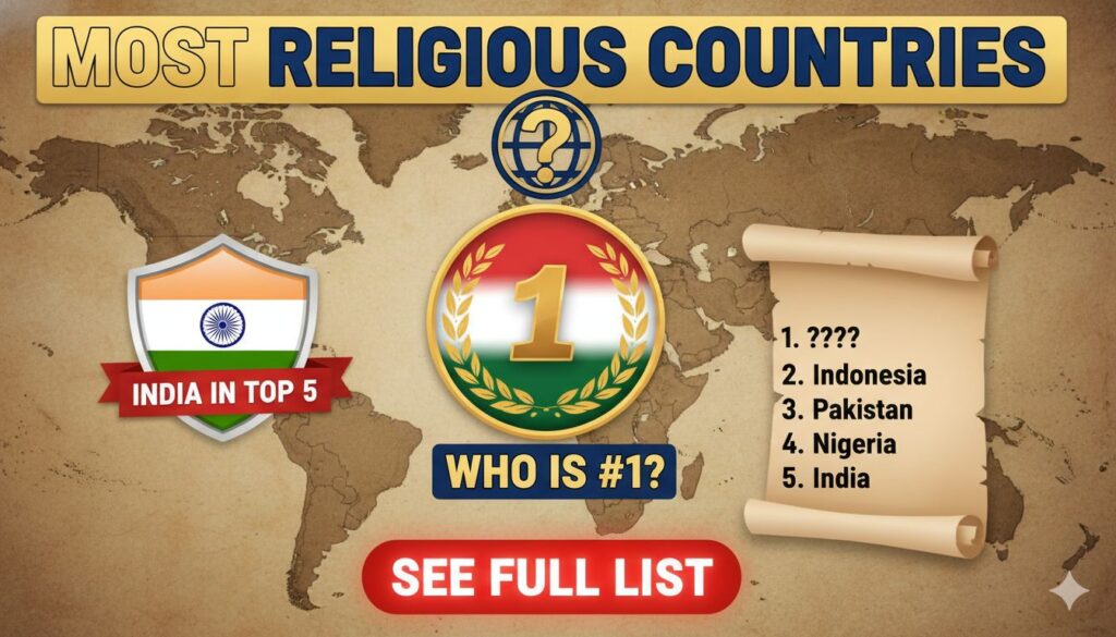 दुनिया के सबसे धार्मिक देशों की रैंकिंग दिखाती इमेज, जिसमें सऊदी अरब नंबर 1 और भारत टॉप 5 में।