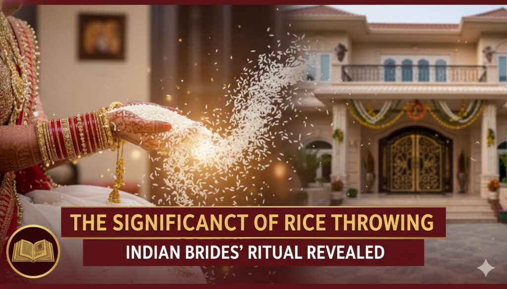 हिंदू विवाह में दुल्हन विदाई के समय पीछे चावल फेंकती हुई और गृहप्रवेश पर कलश ठोकर मारती हुई