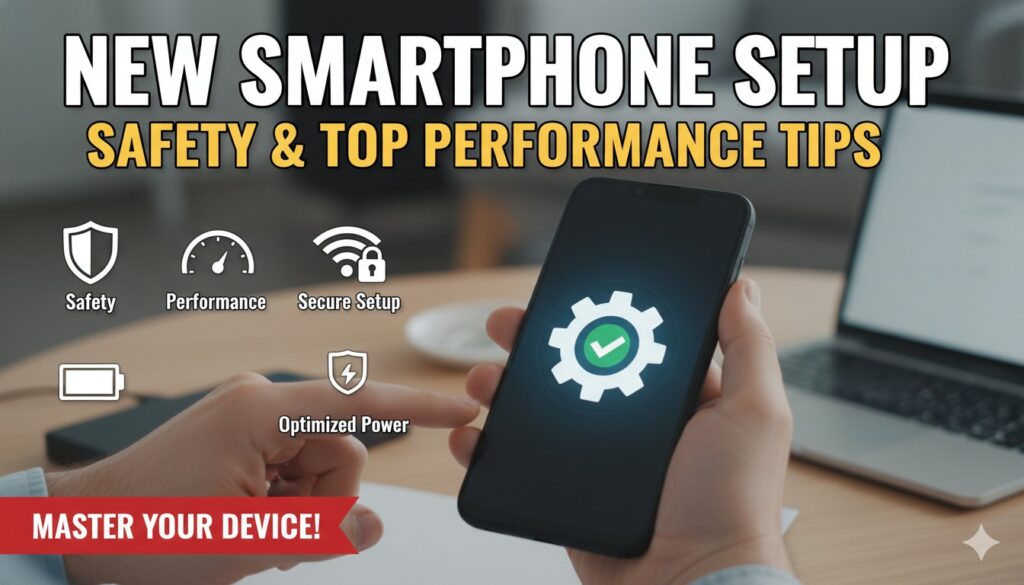 नया स्मार्टफोन सेटअप करते हुए यूजर स्क्रीन पर सिक्योरिटी और बैटरी ऑप्टिमाइजेशन सेटिंग्स एडजस्ट करता हुआ