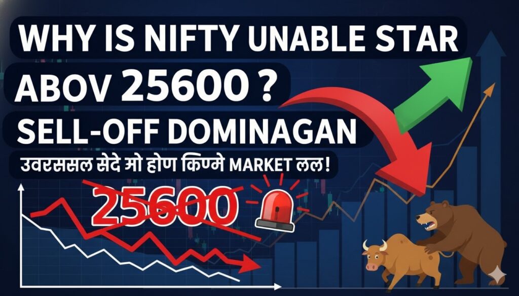 निफ्टी 50 इंडेक्स चार्ट दिखाता हुआ जिसमें 25600 स्तर पर रेजिस्टेंस और बिकवाली का दबाव दर्शाया गया है