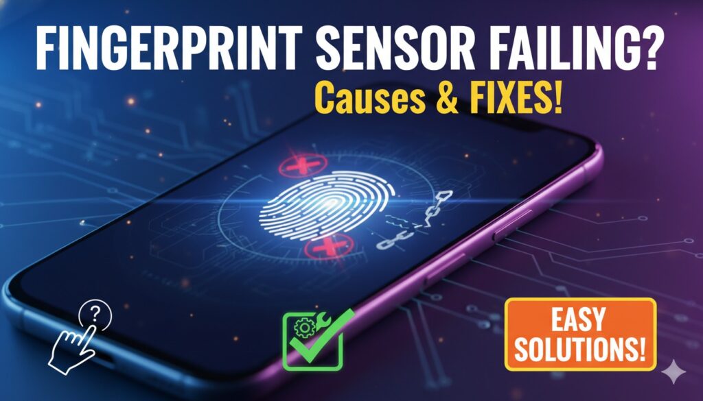 स्मार्टफोन स्क्रीन पर फिंगरप्रिंट सेंसर काम न करने की समस्या दिखाती इमेज, उंगली स्क्रीन पर रखी हुई लेकिन अनलॉक नहीं हो रहा