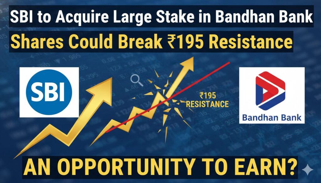 बंधन बैंक का लोगो और शेयर प्राइस चार्ट दिखाता ग्राफ जिसमें तेजी का संकेत, पृष्ठभूमि में RBI और SBI के लोगो