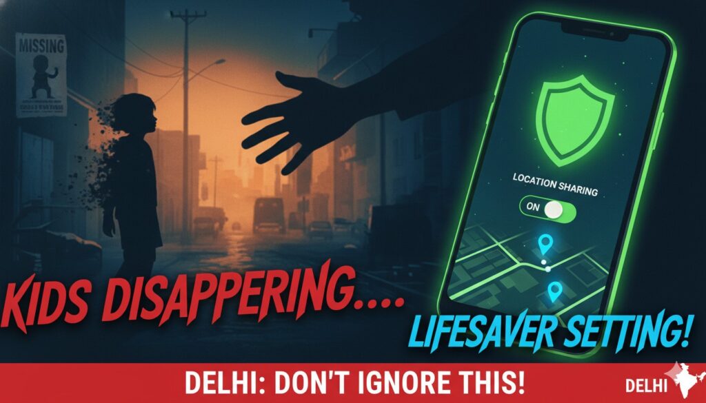 दिल्ली में लापता बच्चे और फोन की इमरजेंसी सेटिंग दिखाती इमेज