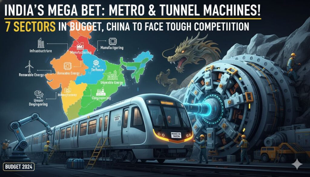 वित्त मंत्री निर्मला सीतारमण बजट 2026 पेश करती हुईं, इंफ्रास्ट्रक्चर मशीनरी की पृष्ठभूमि में।