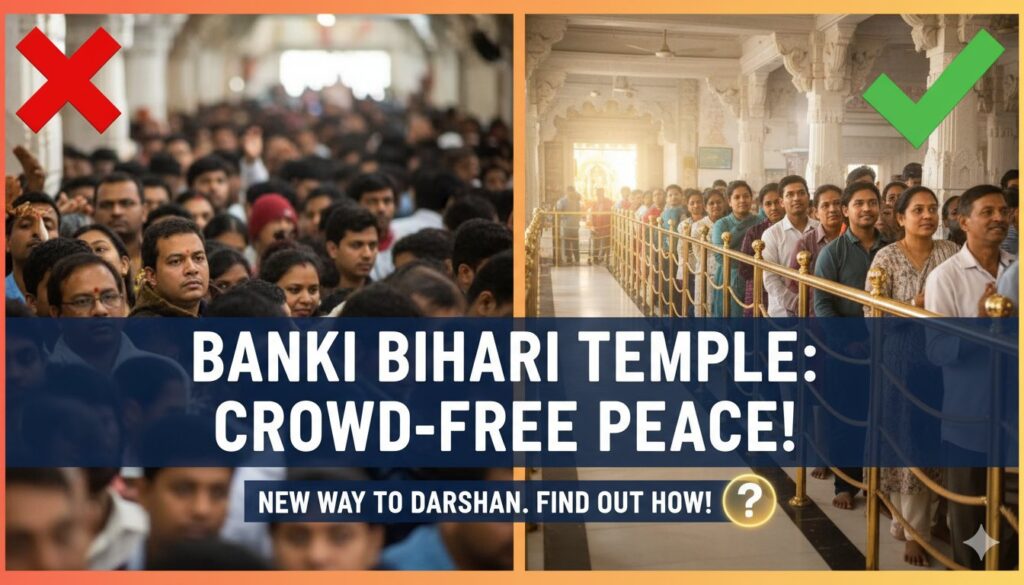 वृंदावन बांके बिहारी मंदिर में नई स्टील रेलिंग व्यवस्था से व्यवस्थित कतार में दर्शन करते भक्त