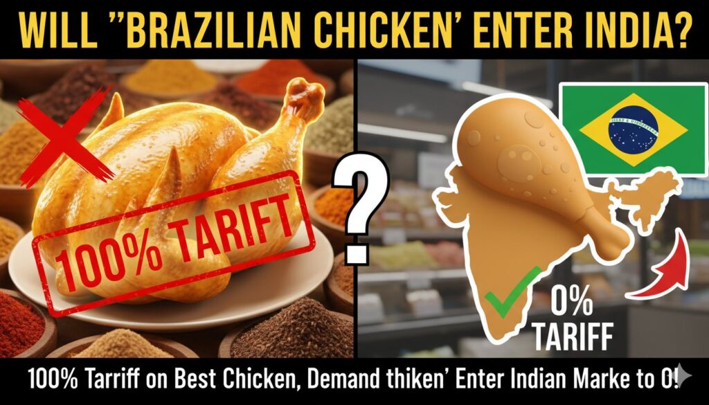 ब्राजील से आयात होने वाला फ्रोजन चिकन पैकेट्स और भारतीय पोल्ट्री फार्म की तस्वीर